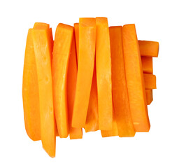 Top view of orange carrot slices in stick shape in stack isolated on white background with clipping path