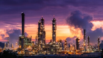 Fototapeta premium Wide view of petrochemical plant during twilight, glowing lights along towers and pipes, dramatic purple-orange sky, steam rising, high-detail industrial scene