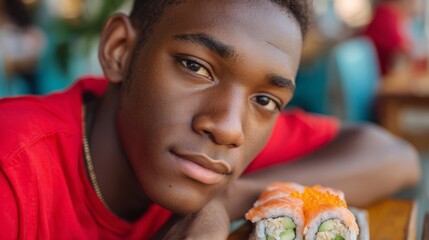 Naklejka premium Young african male enjoying sushi in a casual dining setting
