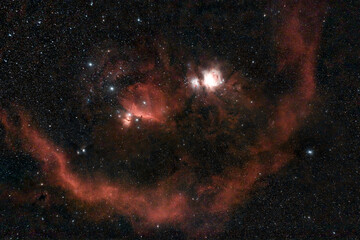 Wide field of constellation of Orion with Orion Nebula, flame nebula, barnard's loop and horse head emission nebula on the starry night sky © Pawarun