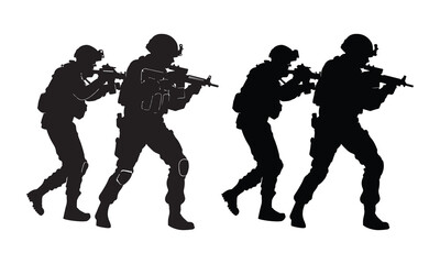 Silhouette vector set of American soldier holding gun. On white background