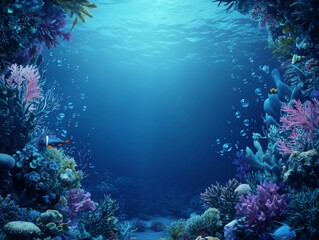 Obraz premium Underwater ocean-themed frame with coral reefs, seaweed, tropical fish, and bubbles around the edges, deep blue background, serene aquatic mood with copy space in the center