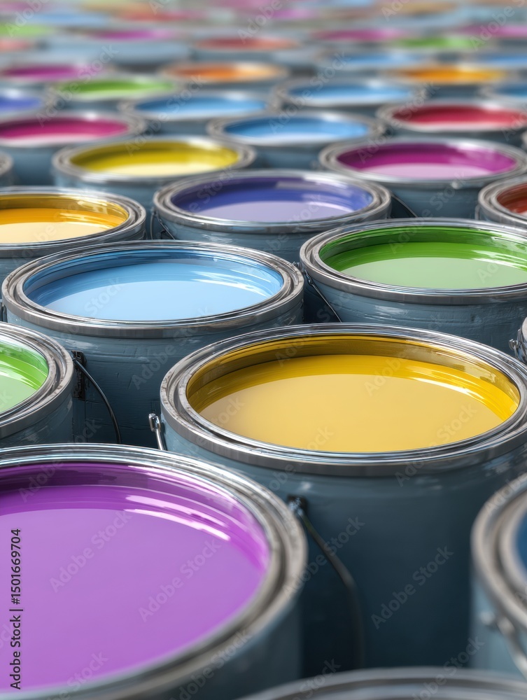 Leinwandbilder bright and colorful collection of paint buckets arranged in a clean environment with visible top lab
