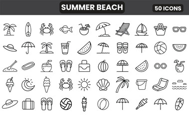 Summer Holiday and Beach Outline Icons, Vector Set Includes Ice Cream, Umbrellas, Palm Trees, Drinks, Surfboards, Sunglasses, Shells, and Sea Life Elements
Summer design elements line art.