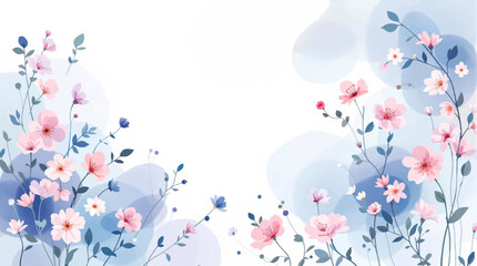 Colorful watercolor floral border design with various flowers and leaves on a white background.