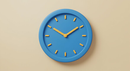 Blue Wall Clock with Yellow Hands on Beige Background