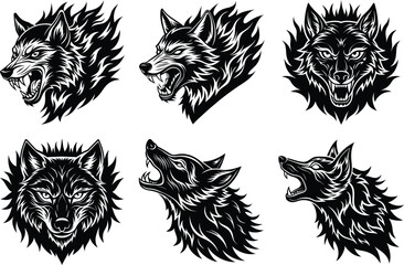 Fiery Wolf Heads A Collection of Six Striking Black and White Illustrations