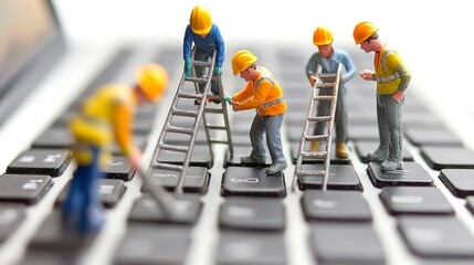 Miniature figurines of construction workers on a laptop keyboard