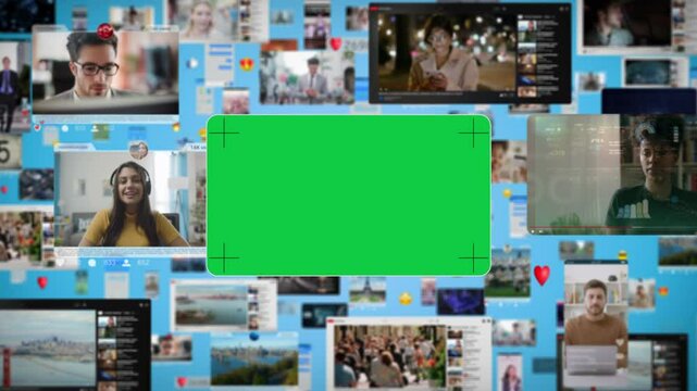 Social Media Screens With Influencers Videos, Emoji And Travel Videos In The Metaverse. Central Chroma Key Screen. Technology Concept.