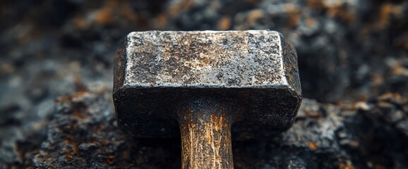Macro shot of an aged metal hammer with rust details resting on rough stone surface