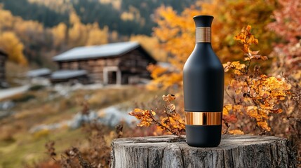 Elegant Black Bottle with Copper Accents in Autumnal Landscape