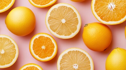 Vibrant Citrus Slices and Whole Fruits on Pink Background