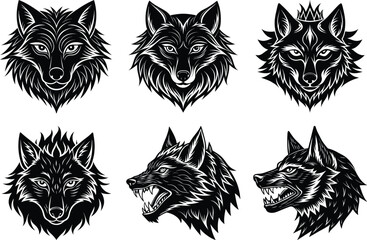 Collection of Six Intricate Black and White Wolf Head Illustrations