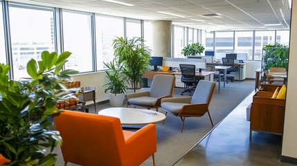 Modern Office Interior Design with Abundant Natural Light and Greenery
