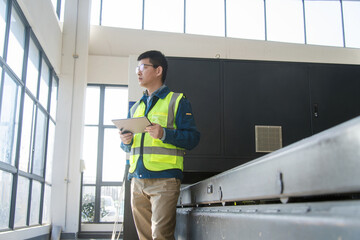 Asian engineers operating laser cutting machine