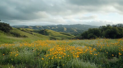 Serene Hillside Wildflower Meadow Under a Cloudy Sky