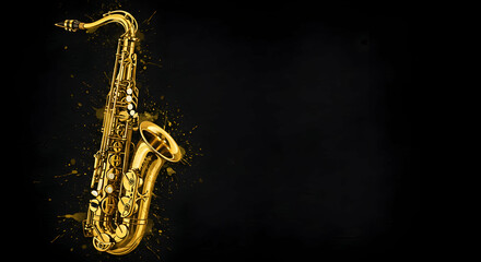 Obraz premium Golden Saxophone on Black Background with Splash of Colorful Ink