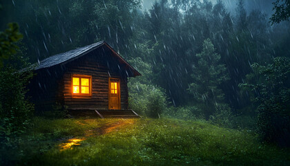 a cozy wooden cabin hidden deep in a misty forest at night, heavy thunderstorm, rain pouring from the sky, warm yellow light glowing through the windows