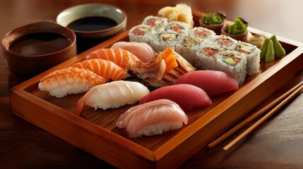 Assorted sushi platter with nigiri, rolls, and condiments on wooden tray