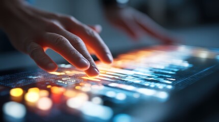 Innovative Digital Music Production, Close-Up of Hands Interacting with a Luminous Interface