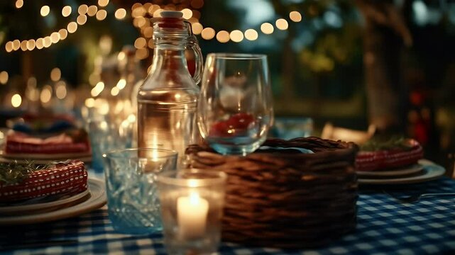 Rustic outdoor dinner table setting with warm lighting and cozy ambiance