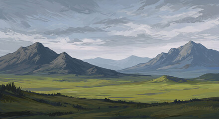 Fototapeta premium Serene Mountain Landscape with Lush Green Valley and Dramatic Sky