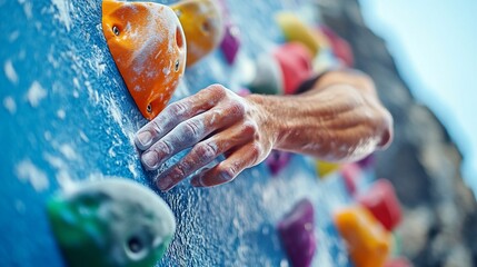 Close-up of Climber's Chalked Hand on Indoor Climbing Wall