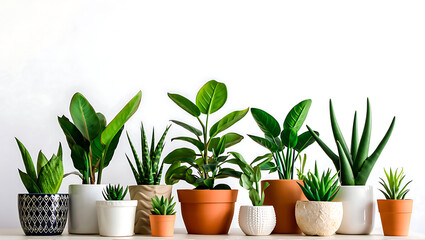 Fototapeta premium Botanical Arrangement: An array of vibrant potted plants, each flourishing in a unique ceramic pot, thrives in an organized display, adding a touch of nature's grace to interior spaces. 
