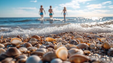 Seashells on the Shore with Children Playing in the Background