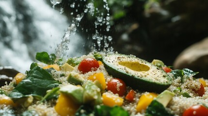 Refreshing Quinoa Salad with Avocado and Waterfall Backdrop
