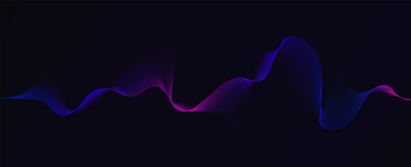Colorful abstract wave of glowing purple and blue lines on a dark background. Dynamic flow design perfect for technology, music, and digital-themed visuals.
