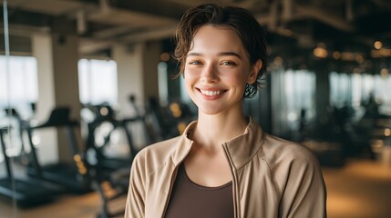 Smiling young woman with short hair in beige zip-up sports jacket at the gym radiating happiness and positive energy