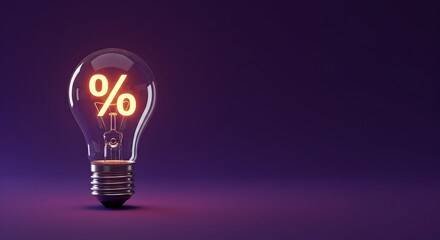 Light Bulb with Discount Symbol Percent Sign in Dim Light Background