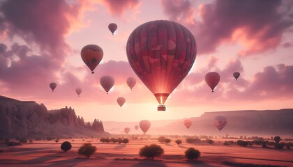 Fototapeta premium Early morning hot-air balloons launching in desert landscape under a soft pink sky.