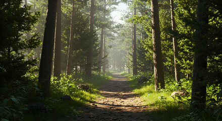 Fototapeta premium Serene Forest Pathway Surrounded by Lush Greenery and Sunlight