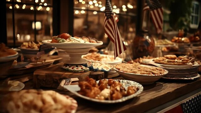 Rustic table setting with delicious food and warm lighting