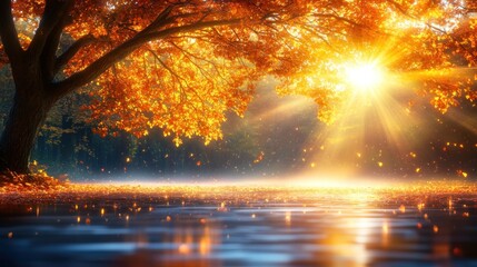 Autumnal Landscape with Sunlit Tree and Reflective Surface