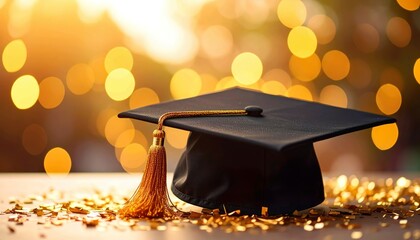 Graduation Cap with Confetti and Bokeh Background – Black Mortarboard Celebration Concept