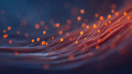 Image depicts close up view of digital or abstract representation of network or fiber optic like structure with glowing orange