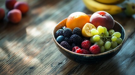 Vibrant Fruit Bowl on Rustic Wooden Table