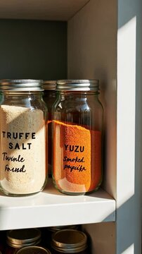 A modern pantry shelf organized with jars of gourmet ingredients truffle salt, smoked paprika, yuzu powder sunlight filtering.