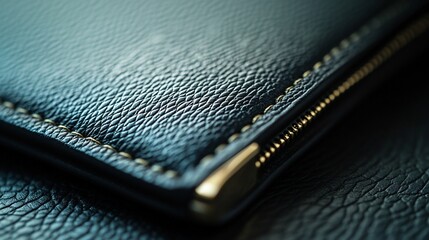 Close-up of Luxurious Dark Leather Texture with Golden Zipper