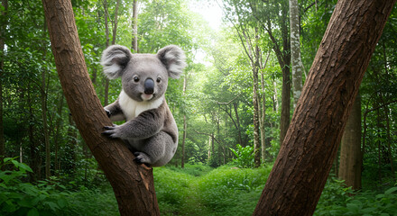 Obraz premium Cute koala sitting on tree in lush green forest habitat