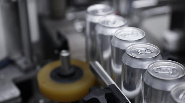 Automated beer can sealing process in brewery factory, precision and efficiency in action.