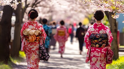 Women in traditional Japanese kimonos amidst cherry blossoms.