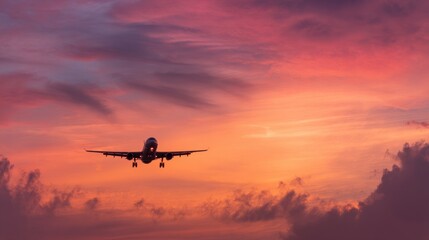 Obraz premium Passenger airplane against sunset sky, journey into vibrant horizons 