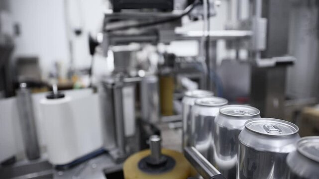 Automated beer canning process in modern brewery, filling, sealing, and labeling machinery in motion.