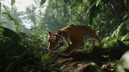 Majestic Tiger Prowling Through Lush Tropical Jungle
