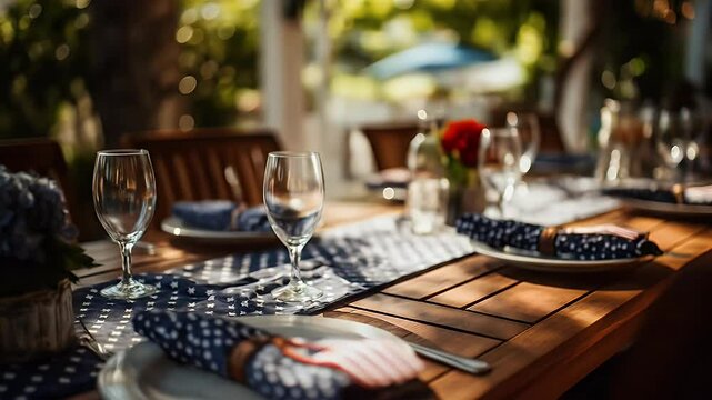 Summer table setting with blue hydrangeas and patriotic decor