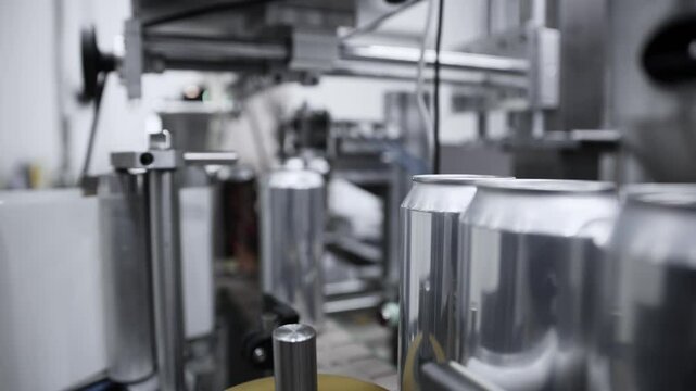 Automated beverage canning process in modern brewery factory.